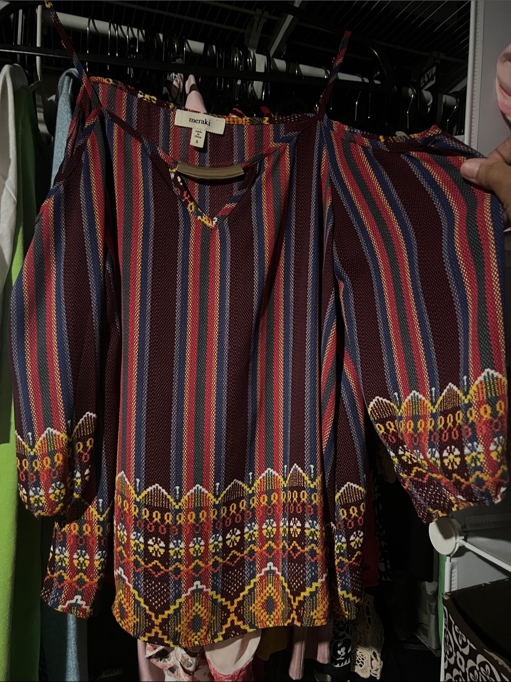 meraki Burgundy Multicolor Striped Cold-Shoulder Tunic